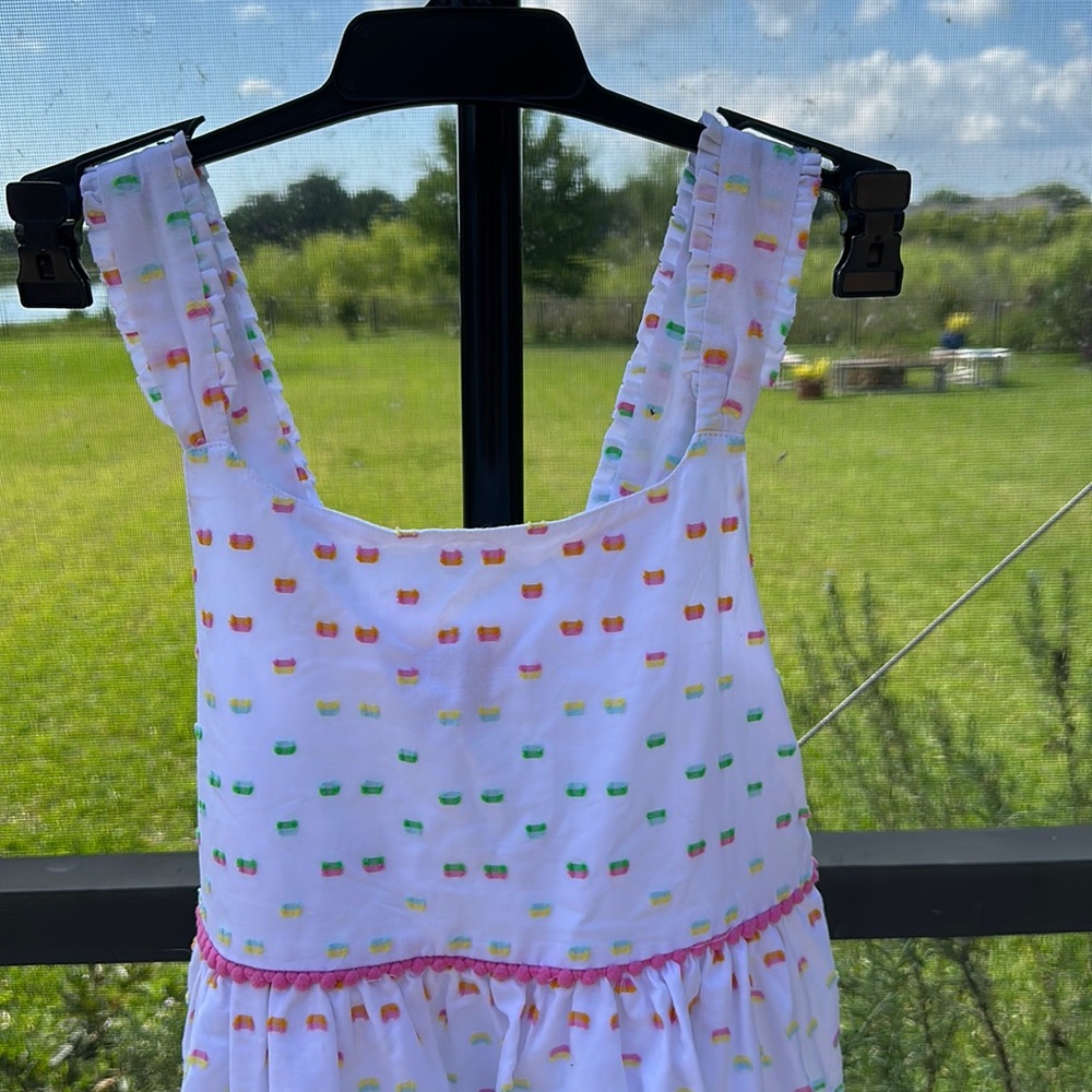 Juicy Couture girls sun dress white with multi colored ruffles and pompons 12